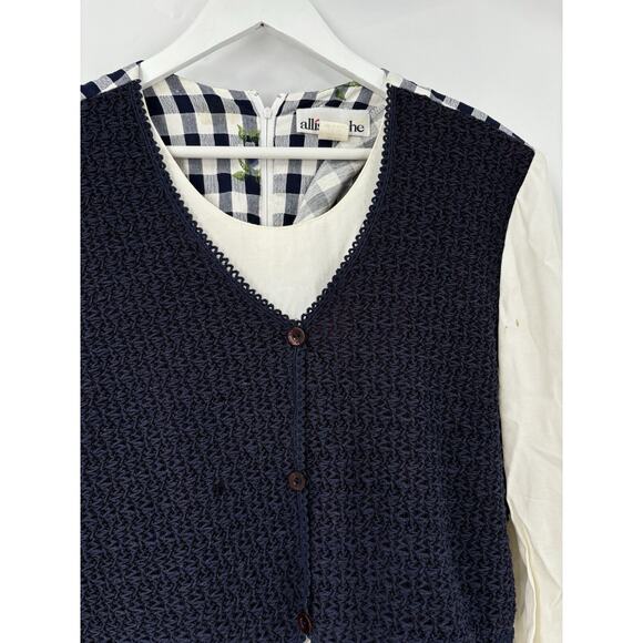 Allison Che Vintage Dress Womens 16 Blue White Check Print Maxi Vest Ruffles - Picture 6 of 16